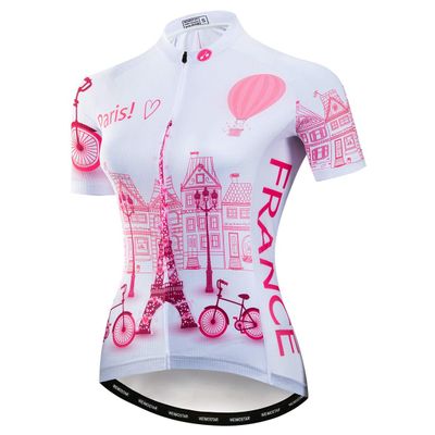 Cycling Jersey Women Mountain Bike Jersey Shirts Short Sleeve Road Bicycle Clothing MTB Tops Summer Outdoor Sports Wear France Pink Size L