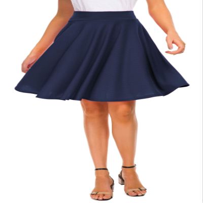 EXCHIC Women's Casual Stretchy Flared Midi Skater Skirts Basic A-Line Pleated Midi Skirt (S, Navy)
