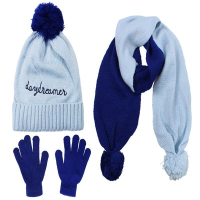 S.W.A.K Girls Knit Hat, Scarf And Gloves Set- Blue/Navy