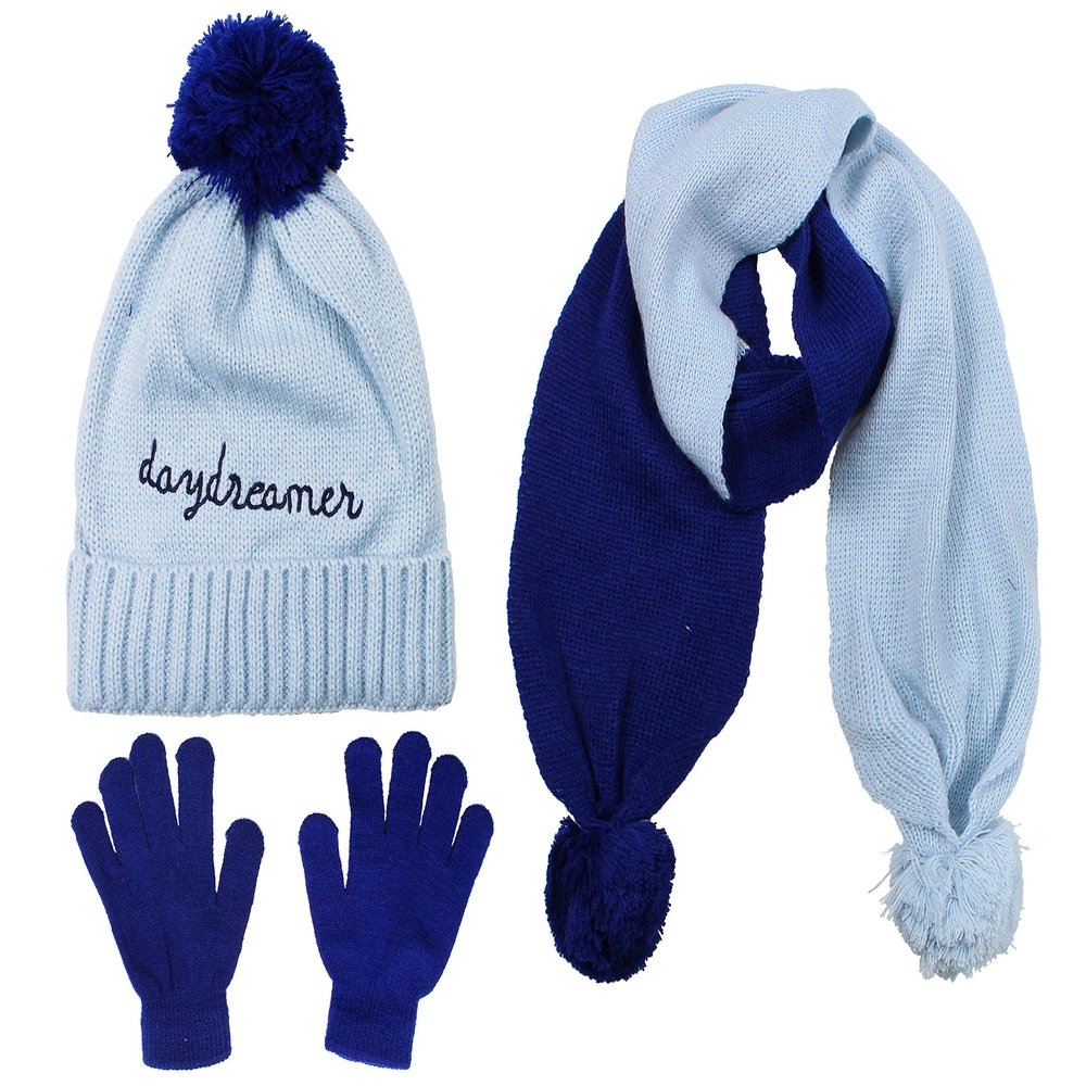 S.W.A.K Girls Knit Hat, Scarf And Gloves Set- Blue/Navy