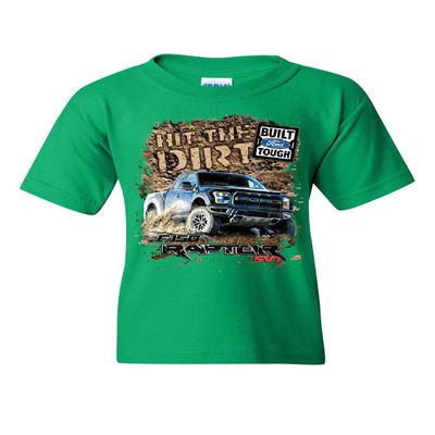 Hit The Dirt Built Ford Tough Youth T-Shirt F-150 Raptor Pickup Truck Kids Tee Green Medium