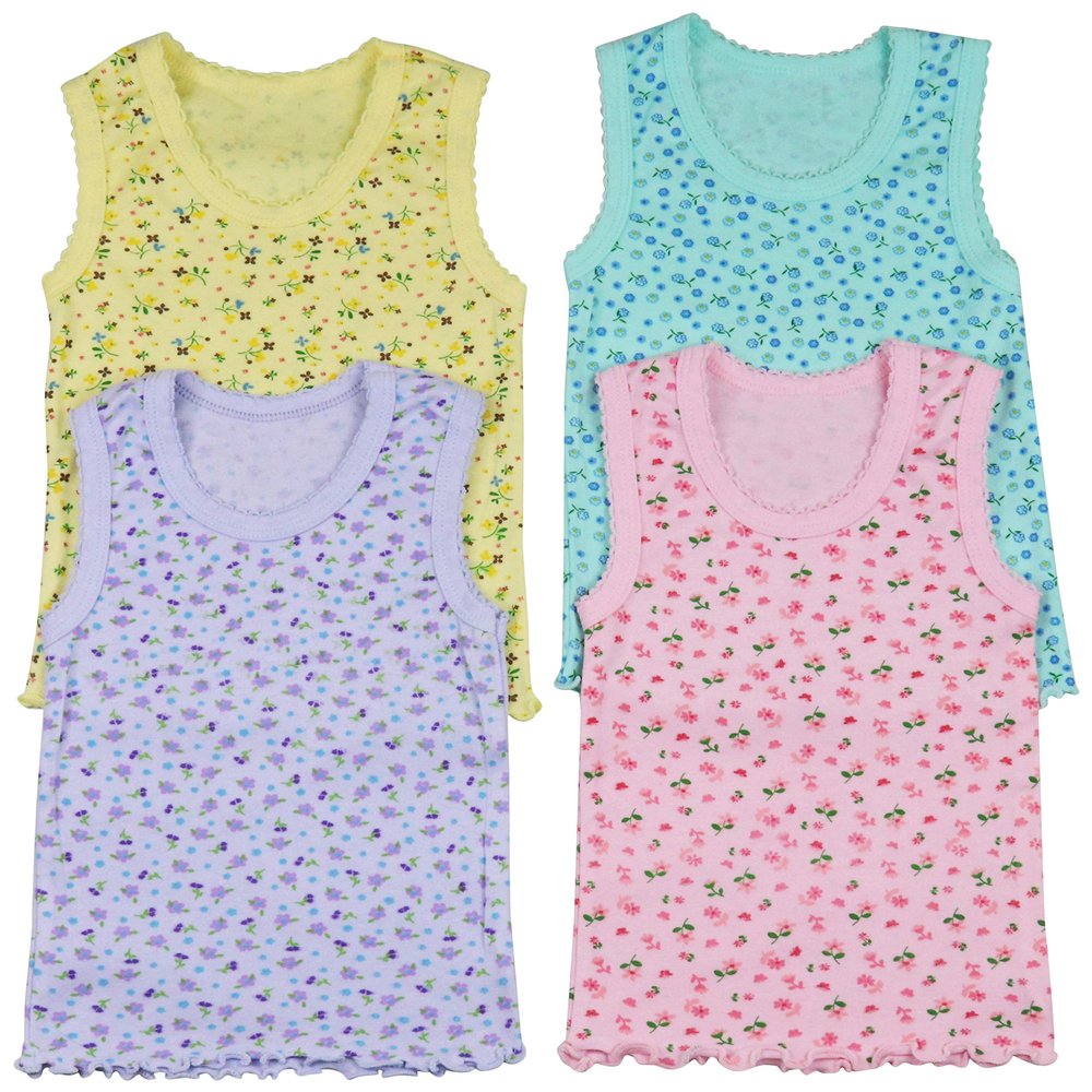 ToBeInStyle Girls' 4 Pack Ruffle Hem Tank Tops - Floral Pastel - 3-6 Months