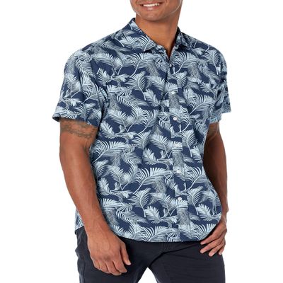 Amazon Essentials Men's Regular-Fit Short-Sleeve Print Shirt, Navy Sky Blue Palm Leaf, Large