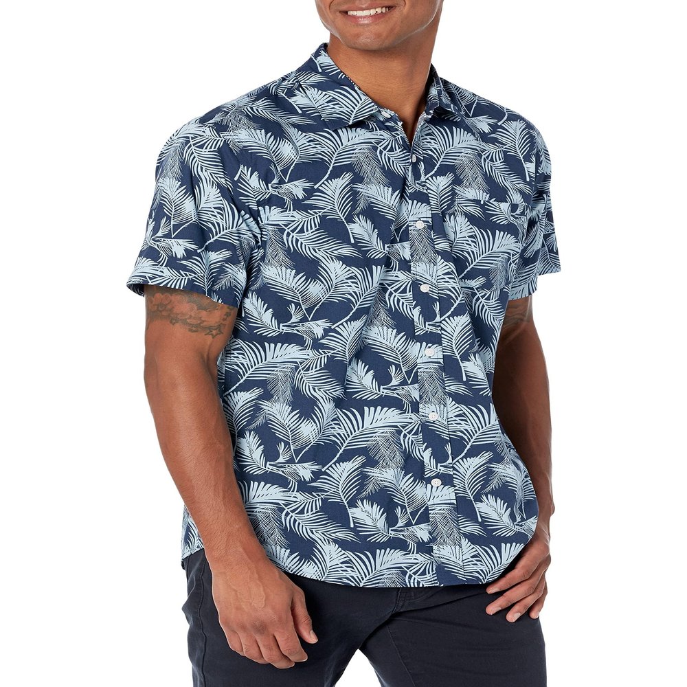 Amazon Essentials Men's Regular-Fit Short-Sleeve Print Shirt, Navy Sky Blue Palm Leaf, Large