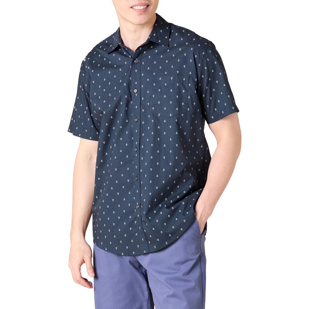 Amazon Essentials Men's Regular-Fit Short-Sleeve Print Shirt, Navy White Anchor Print, X-Large