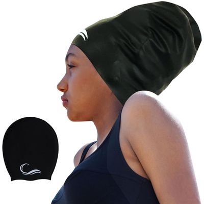Long Hair Dreadlock Swim Cap Silicone Swimming (Black, X-Large)