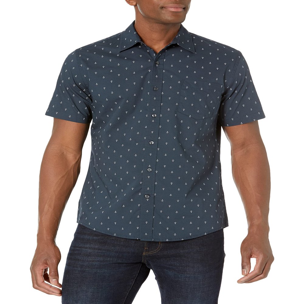 Amazon Essentials Slim-Fit Men's Short Sleeve Button Down Shirt, Navy White Anchor Print Design, X-Small