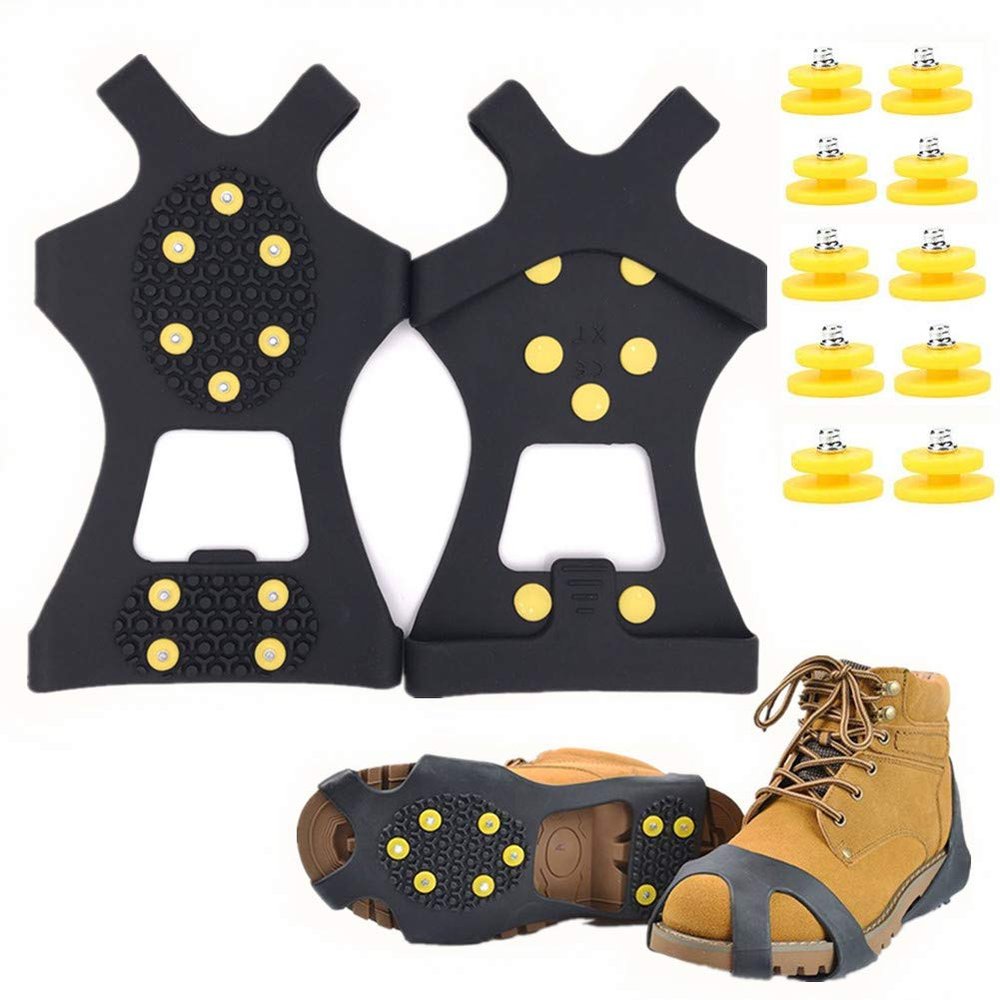 Fiersh Ice Cleats - Snow Grips Crampons Anti-Slip Traction Cleats Ice & Snow Grippers for Shoes and Boots - 10 Steel Studs Slip-on Stretch Footwear for Women Men Kids (Extra 10 Studs) (Medium)