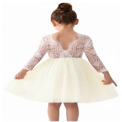 2Bunnies Girl Peony Lace Back A-Line Straight Tutu Tulle Party Flower Girl Dress (Ivory Long Sleeve Short, 4T)