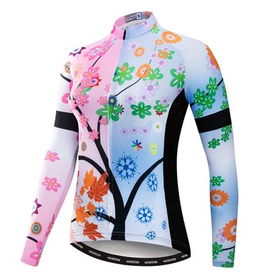 Cycling Long Sleeve Jersey Women Mountain Bike Jersey Shirts Road Bike Clothing MTB Tops Sportswear Blouse Fall Spring Tree Pink Size XL