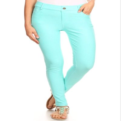 ICONOFLASH Women's Plus Size Jeggings with Pockets XL Pull On Stretchy Jean Leggings Pull On Skinny Pants (Turquoise, X-Large)