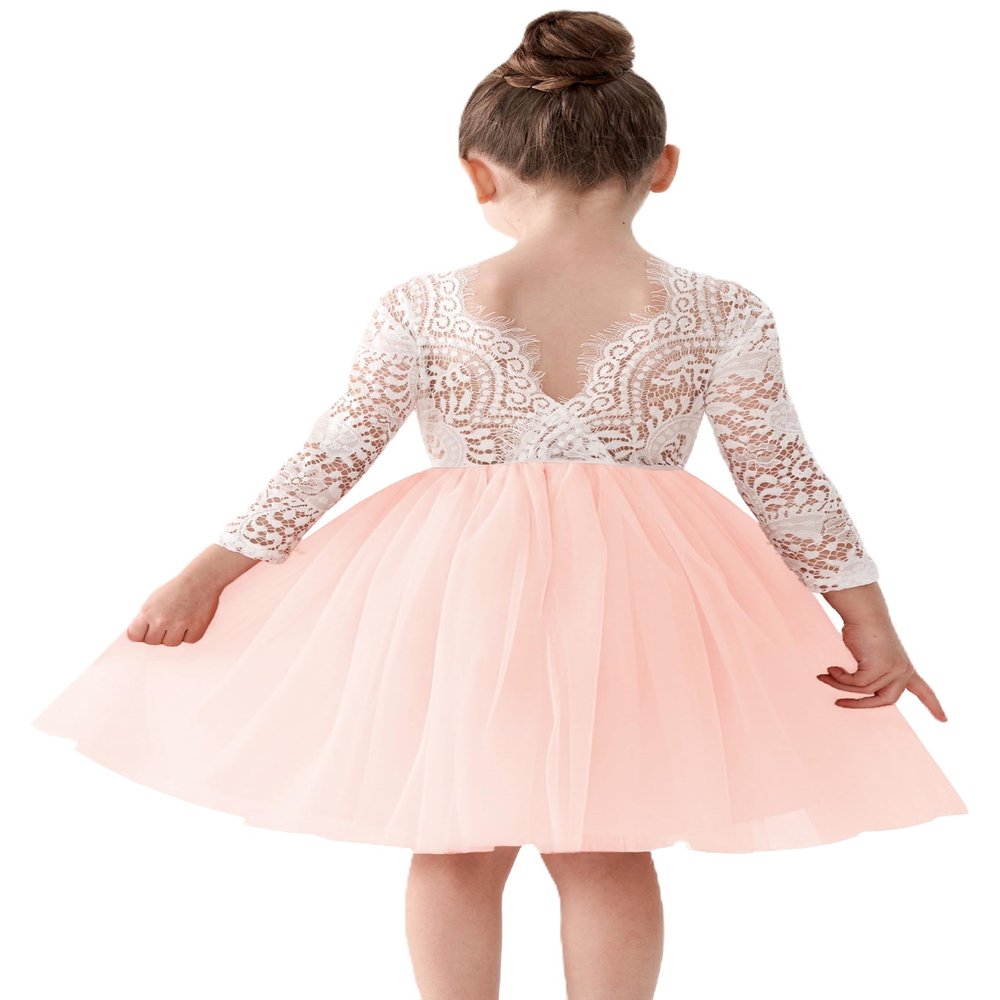 2Bunnies Girl Peony Lace Back A-Line Straight Tutu Tulle Party Flower Girl Dress (Pink Sleeve Short, 6-12M)