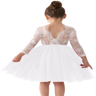 2Bunnies Girl Peony Lace Back A-Line Straight Tutu Tulle Party Flower Girl Dress (White Sleeve Knee, 5)