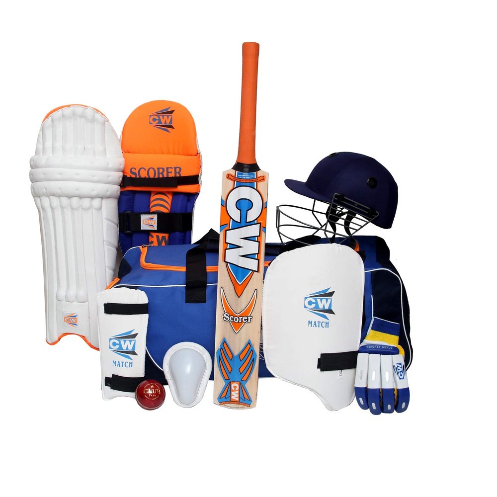 CW Junior Scoremaster Cricket Kit 6 9 Sports Gears Accessories Set (Orange Blue, 11-12 Yrs Players)
