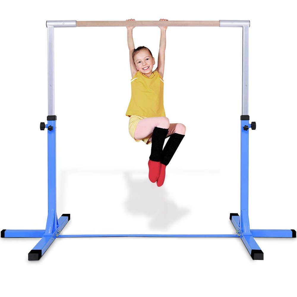 Costzon Gymnastic Training Bar, 3" to 5" Height Adjustable Expandable Kip Bar for 1-4 Levels Gymnasts, Heavy-Duty Junior Horizontal Bar w/Double Locking Mechanism, Ideal for Indoor, Home, Gym(Blue)