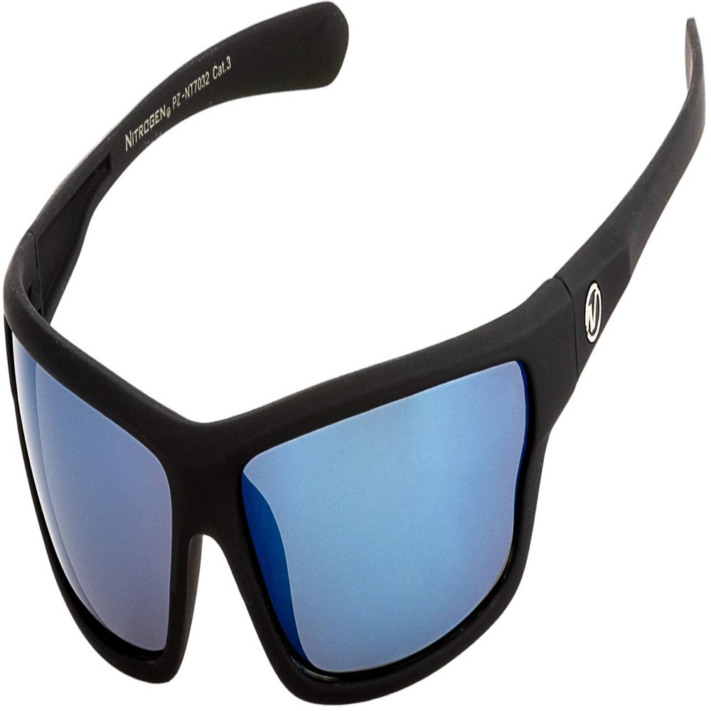 Nitrogen Men's Rectangular Sports Wrap 65mm Polarized Sunglasses (Black Matte Rubberized, Sea Blue Mirror)