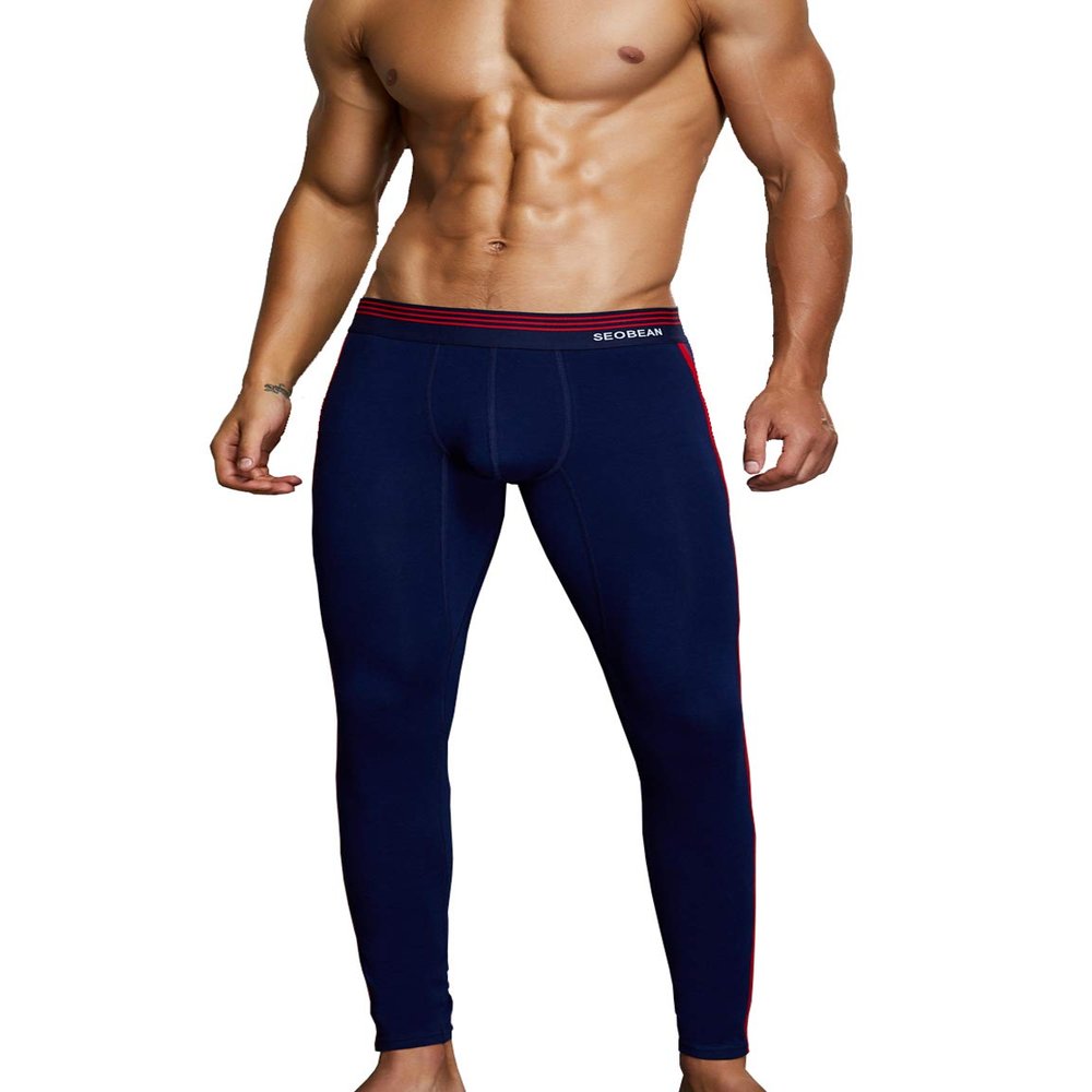 SEOBEAN Mens Low-Rise Underwear Pants Long John Cotton (80402 Navy, X-Large / 34-36")