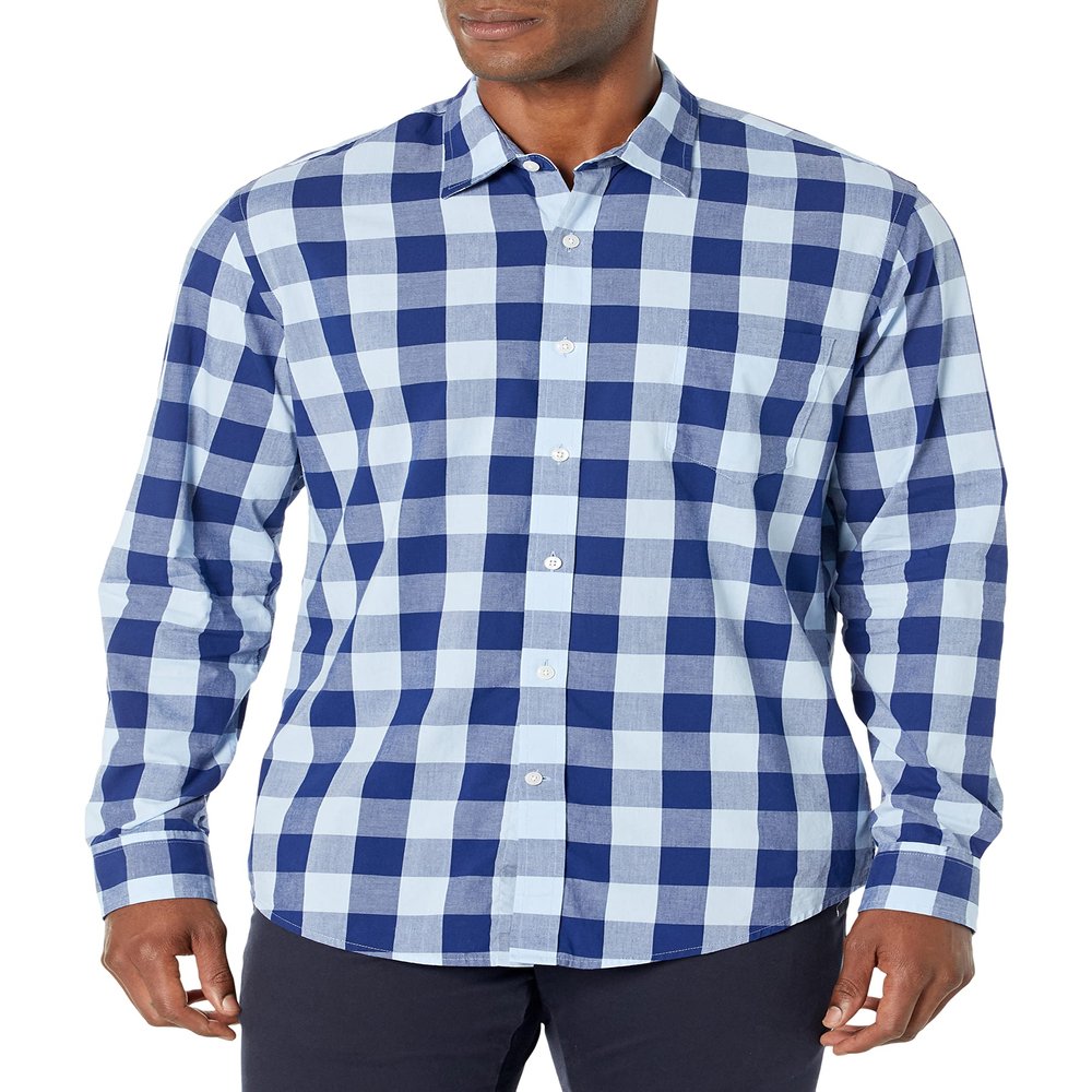 Amazon Essentials Men's Slim-Fit Long-Sleeve Poplin Shirt, Blue Buffalo Check, Small