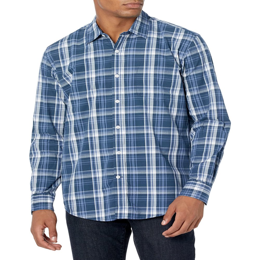Amazon Essentials Men's Regular-Fit Long-Sleeve Casual Poplin Shirt, Navy Medium Plaid, Small
