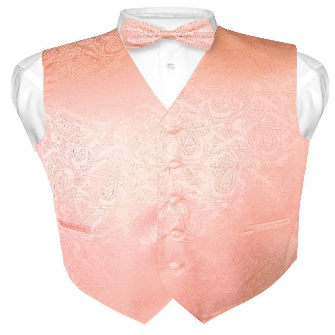 Vesuvio Napoli Men's Paisley Design Dress Vest & Bow Tie PEACH Color BOWTie Set sz 6XL