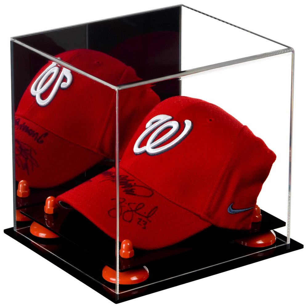 Better Display Cases Acrylic Baseball Cap Display Case with Mirror and Orange Risers (A006-OR)