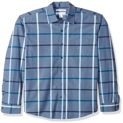 Amazon Essentials Men's Slim-Fit Long-Sleeve Poplin Shirt, Denim Large Plaid, XX-Large