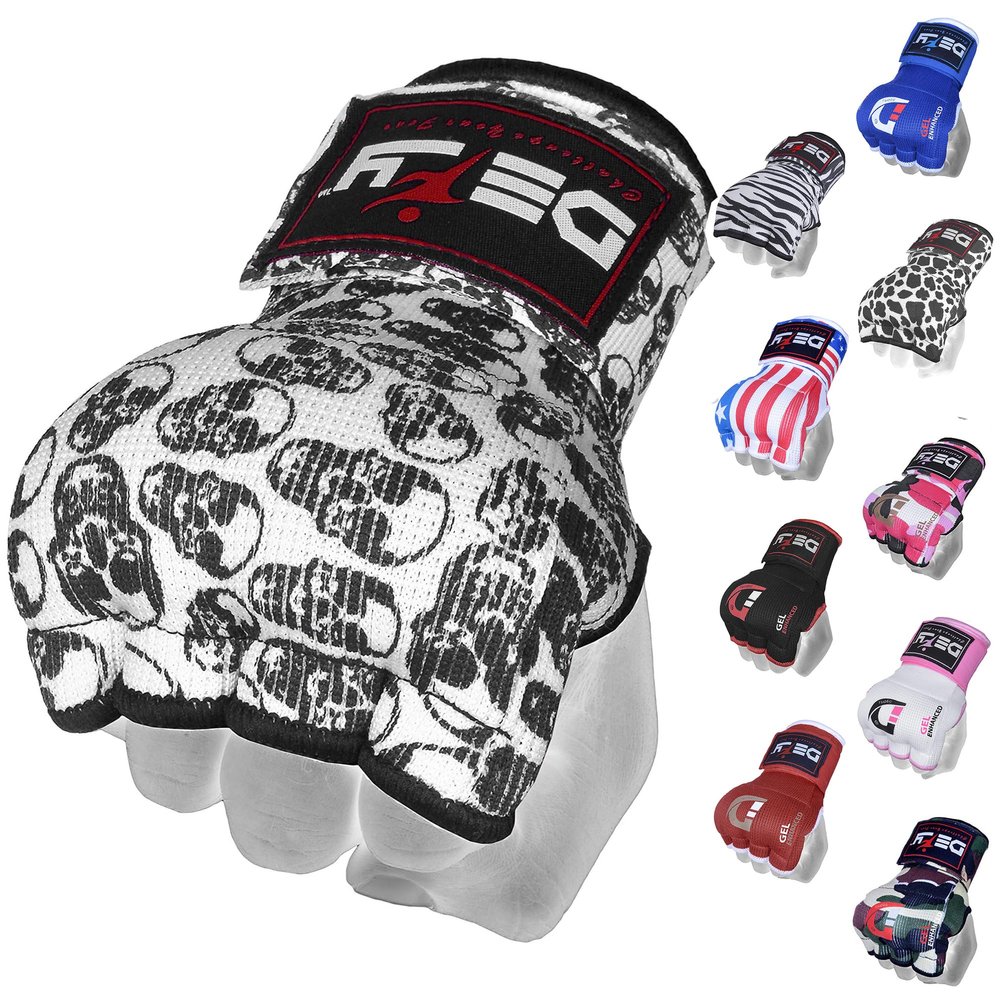 DEFY Padded Inner Gloves Quick 75cm Long Strap Inner Boxing Gloves Gel Padded Knuckle Protection Elasticated Boxing Hand Wraps for MMA Muay Thai Kickboxing Martial Arts Pair (Skulls, X-Large)