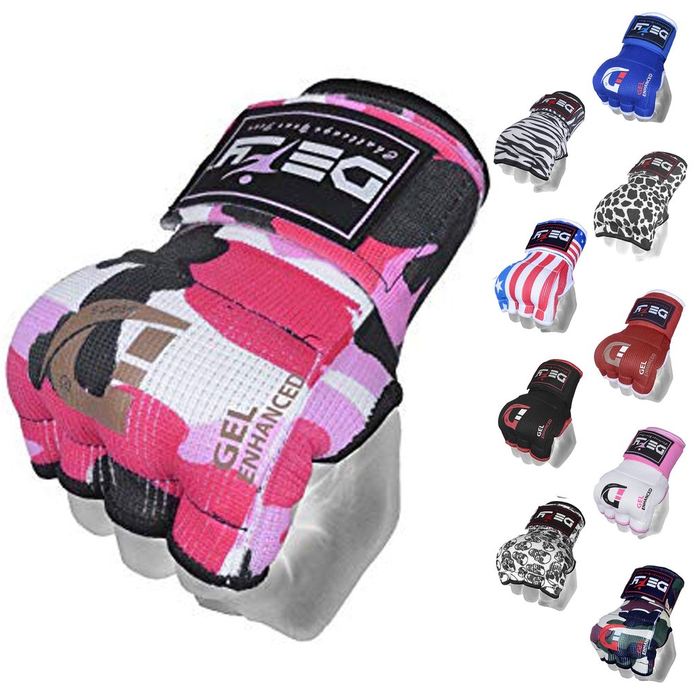 DEFY Padded Inner Gloves Quick 75cm Long Strap Inner Boxing Gloves Gel Padded Knuckle Protection Elasticated Boxing Hand Wraps for MMA Muay Thai Kickboxing Martial Arts Pair (Pink Camo, X-Large)