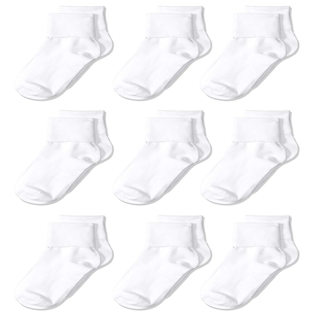 Amazon Essentials Girls' Ankle Socks, Cotton Blend Uniform Turn Cuff, 9 Pairs, White, Small (2-4 Years)