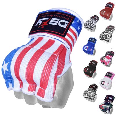 DEFY Padded Inner Gloves Quick 75cm Long Strap  Inner Boxing Gloves Gel Padded Knuckle Protection  Elasticated Boxing Hand Wraps for MMA Muay Thai Kickboxing Martial Arts Pair (US Flag, Small)