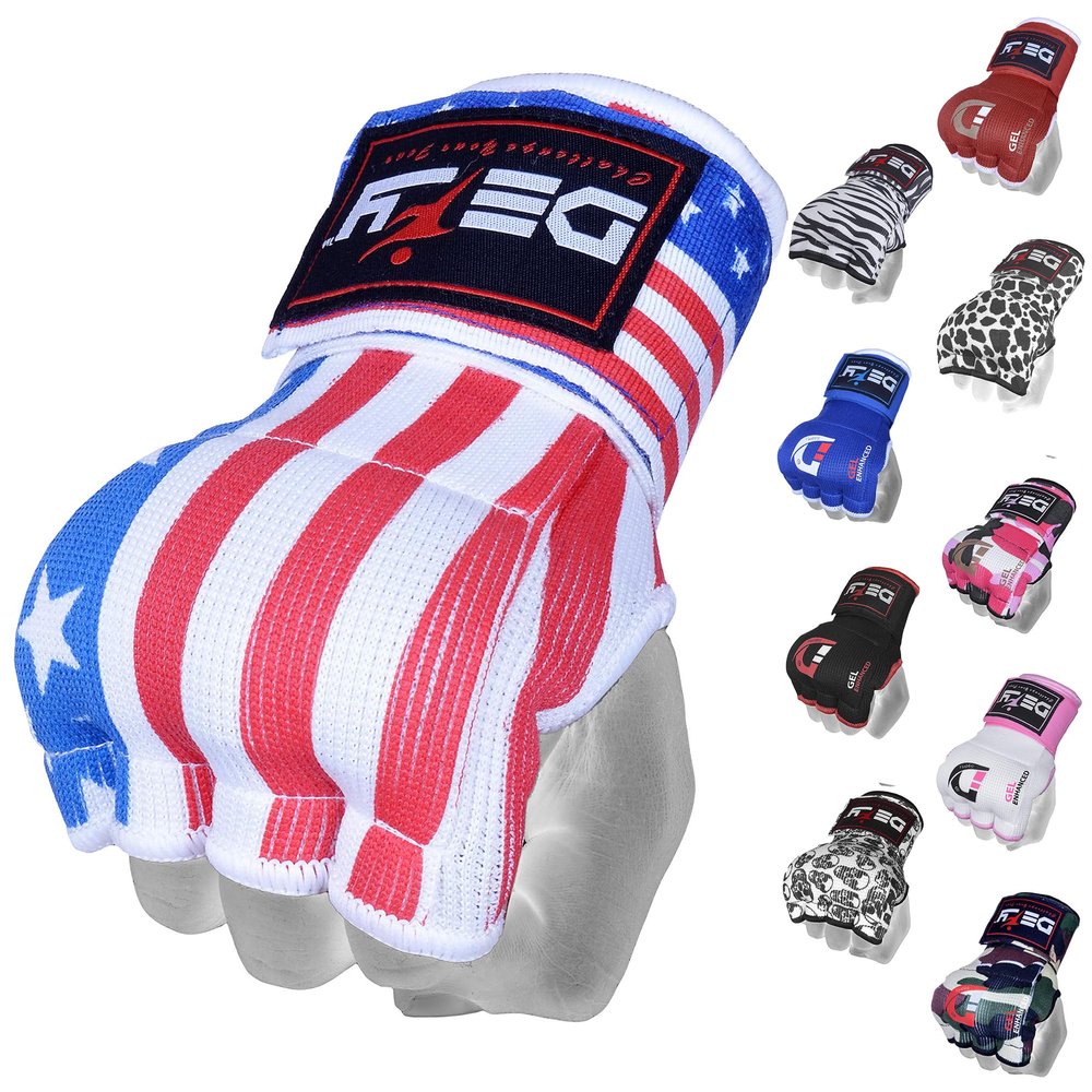 DEFY Padded Inner Gloves Quick 75cm Long Strap  Inner Boxing Gloves Gel Padded Knuckle Protection  Elasticated Boxing Hand Wraps for MMA Muay Thai Kickboxing Martial Arts Pair (US Flag, Small)
