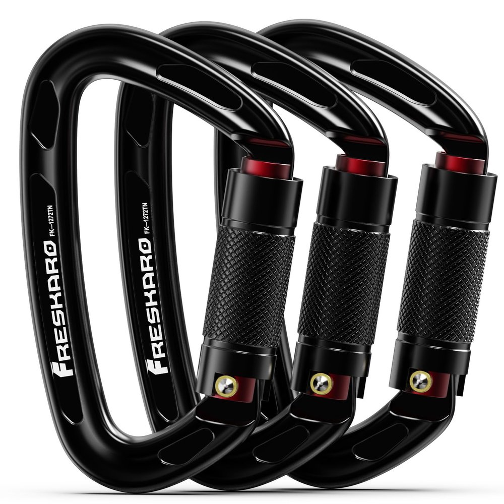 FresKaro 25kN Climbing Carabiners Double Locking Carabiner Clips, Heavy Duty Carabiner for Rock Climbing, Rappelling, Hunting, or Survival Gear kit, Gym Equipment, Cerfified UIAA Carabiner Black
