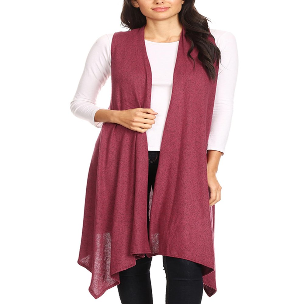 Anna-Kaci One Size Brushed Asymmetric Hem Long Open Front Sleeveless Cardigan Vest,Raspberry,One Size