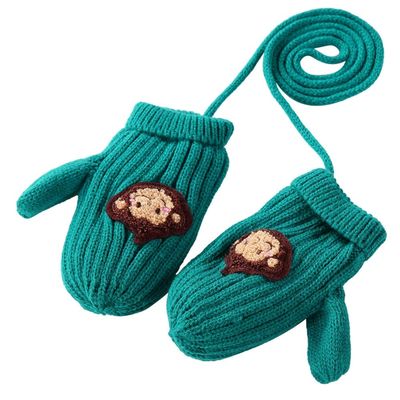 Cartoon Gloves Male Girl Autumn and Winter Double Layer Plus Thick Knitting Hanging Neck Full Finger Gloves, 4 Colors, 2 Sizes (Color : Green Monkey, Size : S)