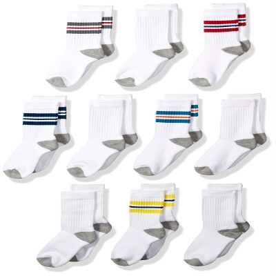 Amazon Essentials Boys' Cotton Cushioned Athletic Crew Sports Socks, 10 Pairs, White Stripe, Large (8-12 Years)