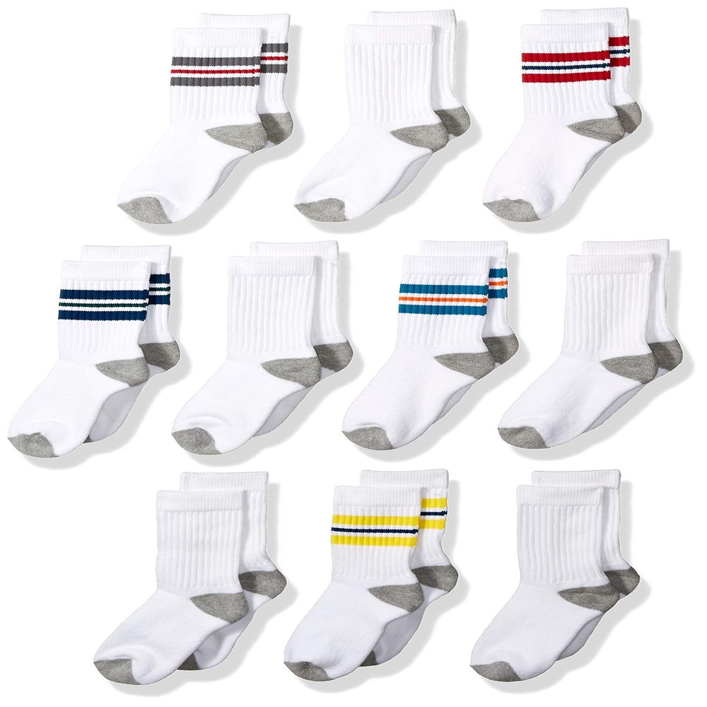 Amazon Essentials Boys' Kids Cotton Crew Gym Socks, 10-Pack White/Varsity Stripes, X-Small