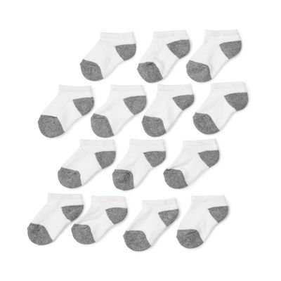 Amazon Essentials Unisex Kids' Cotton Low Cut Cushioned Socks for Boys Girls Toddlers, 14 Pairs, White/Grey, Small (2-4 Years)