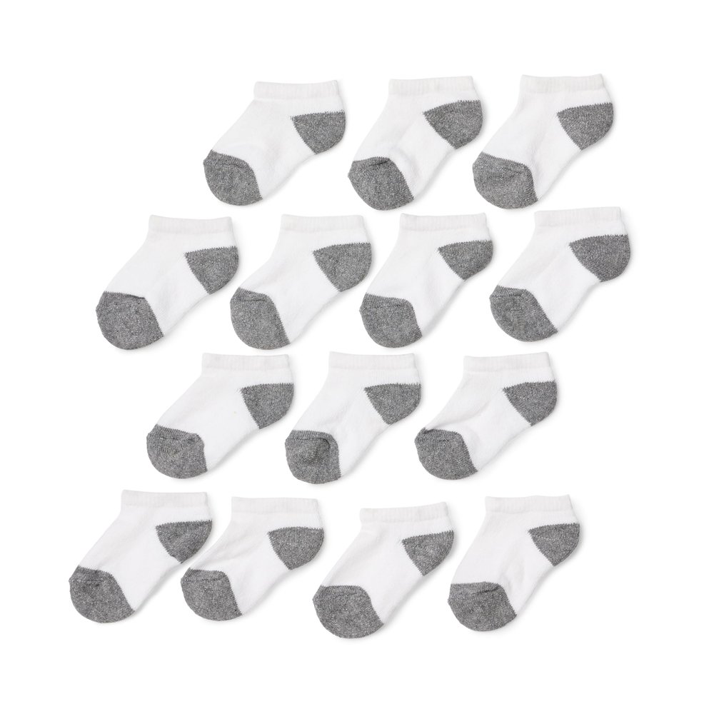 Amazon Essentials Unisex Kids' Cotton Low Cut Cushioned Socks for Boys Girls Toddlers, 14 Pairs, White/Grey, Large (8-12 Years)