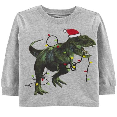 Carter's Baby Boys' Long-Sleeve Christmas Tee (12 Months, Grey T Rex)