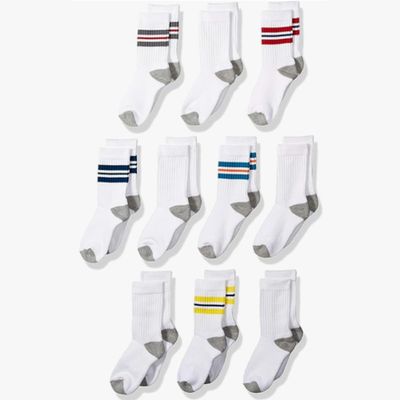 Amazon Essentials Boys' Cotton Cushioned Athletic Crew Sports Socks, 10 Pairs, White Stripe, Small (2-4 Years)