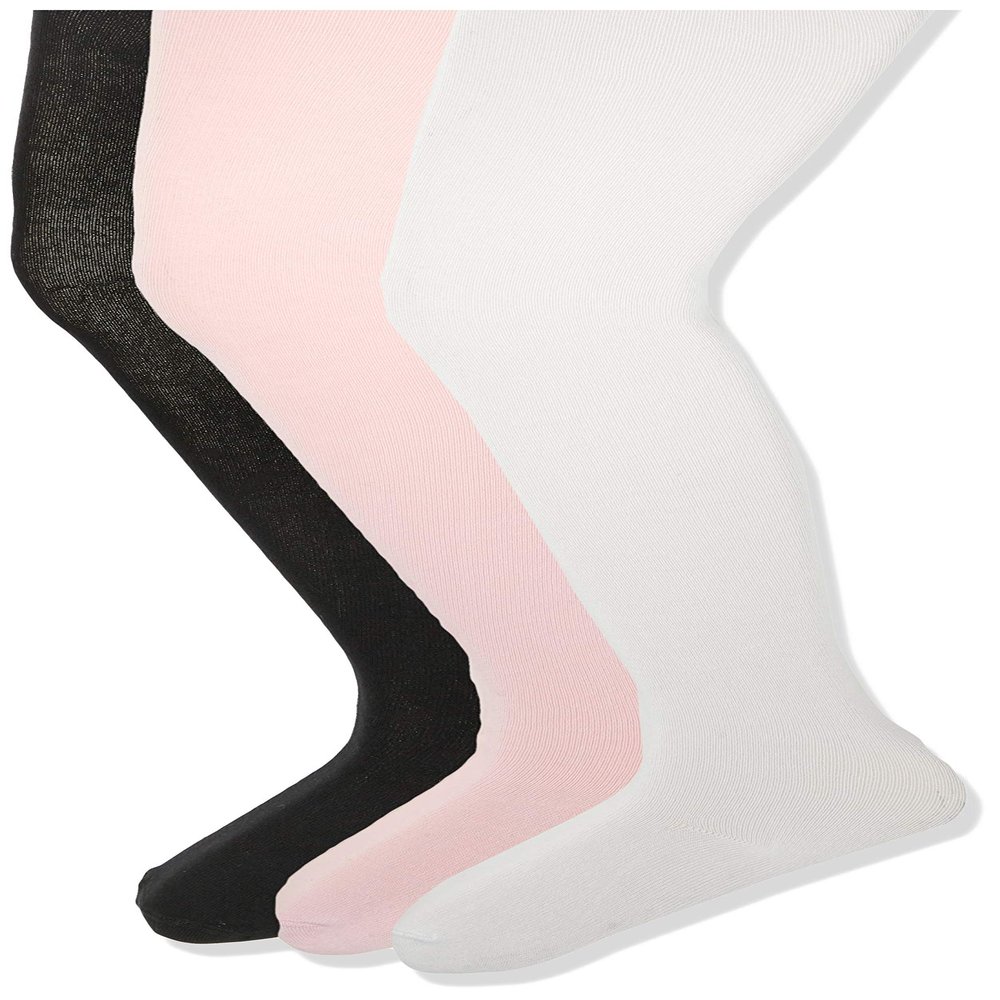 Amazon Essentials Girls' Stretchy Cotton Tights, 3 Pairs, White/Pink/Black, Large