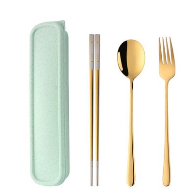 DOBUYOO 3 PCS Stainless Steel Travel Camping Flatware Set Fork Spoon Chopsticks with Portable Case, Gold