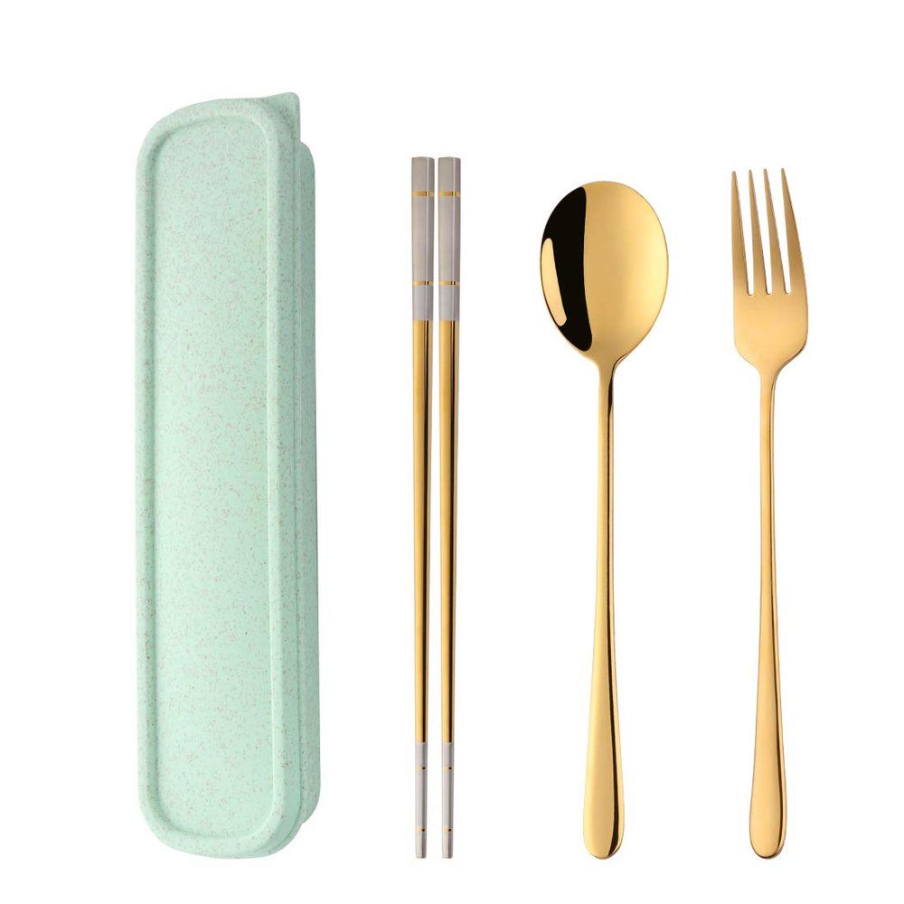 DOBUYOO 3 PCS Stainless Steel Travel Camping Flatware Set Fork Spoon Chopsticks with Portable Case, Gold