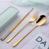 DOBUYOO 3 PCS Stainless Steel Travel Camping Flatware Set Fork Spoon Chopsticks with Portable Case, Gold view 3
