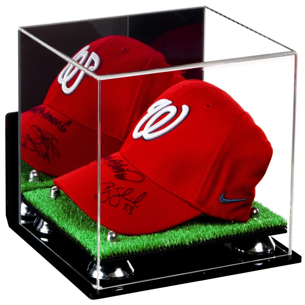 Better Display Cases Acrylic Baseball Cap Display Case with Mirror, Wall Mount, Silver Risers and Turf Base (A006-SR)
