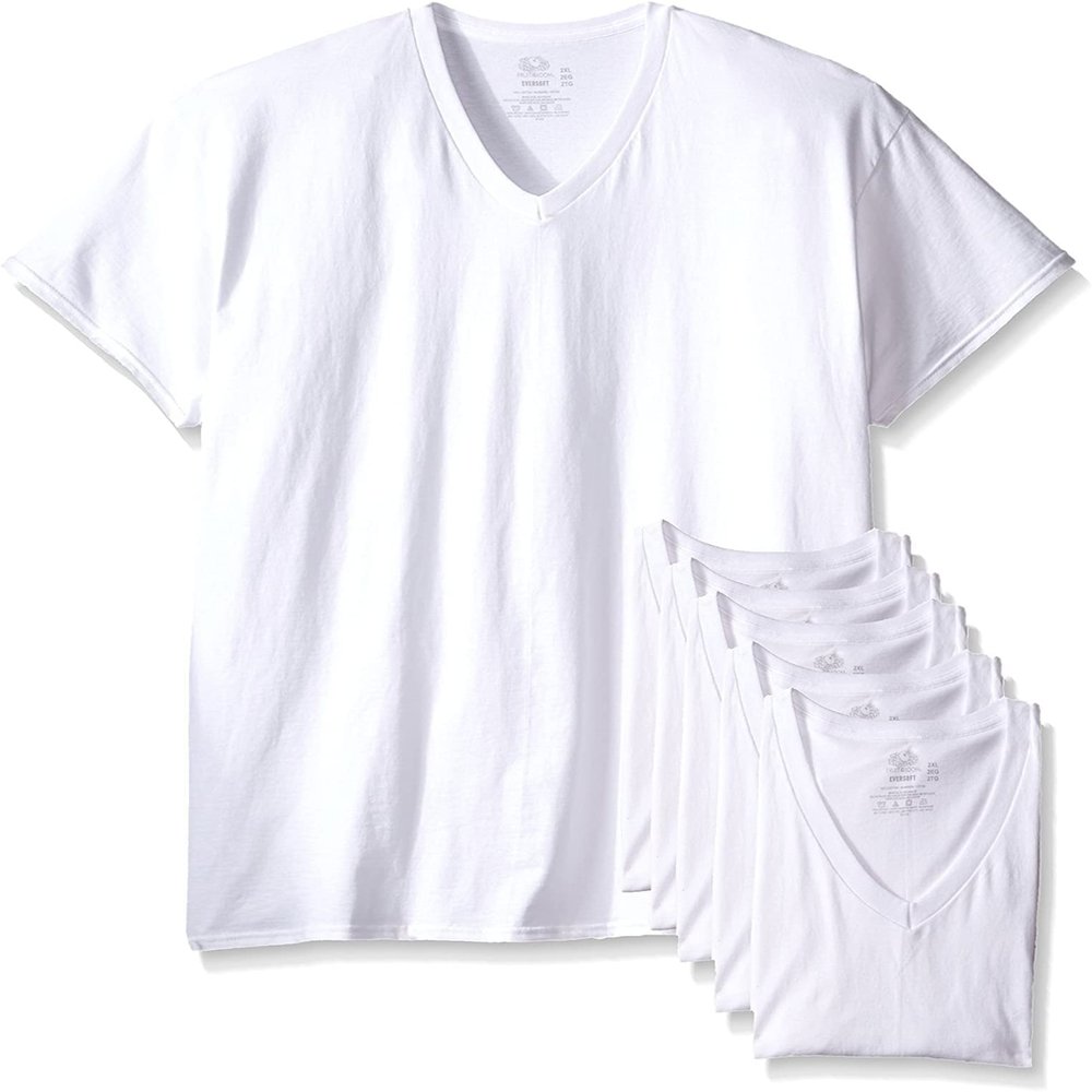 Fruit of the Loom Men's Stay Tucked Cotton V Neck T-Shirt - 6 Pack, 6V26VTG, White, S