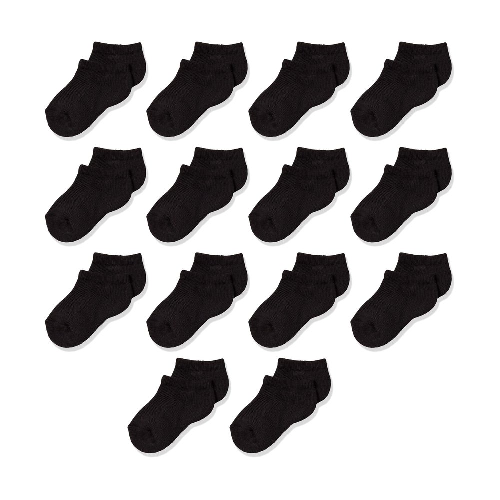 Amazon Essentials Unisex Kids' Cotton Low Cut Cushioned Socks for Boys Girls Toddlers, 14 Pairs, Black, Large (8-12 Years)