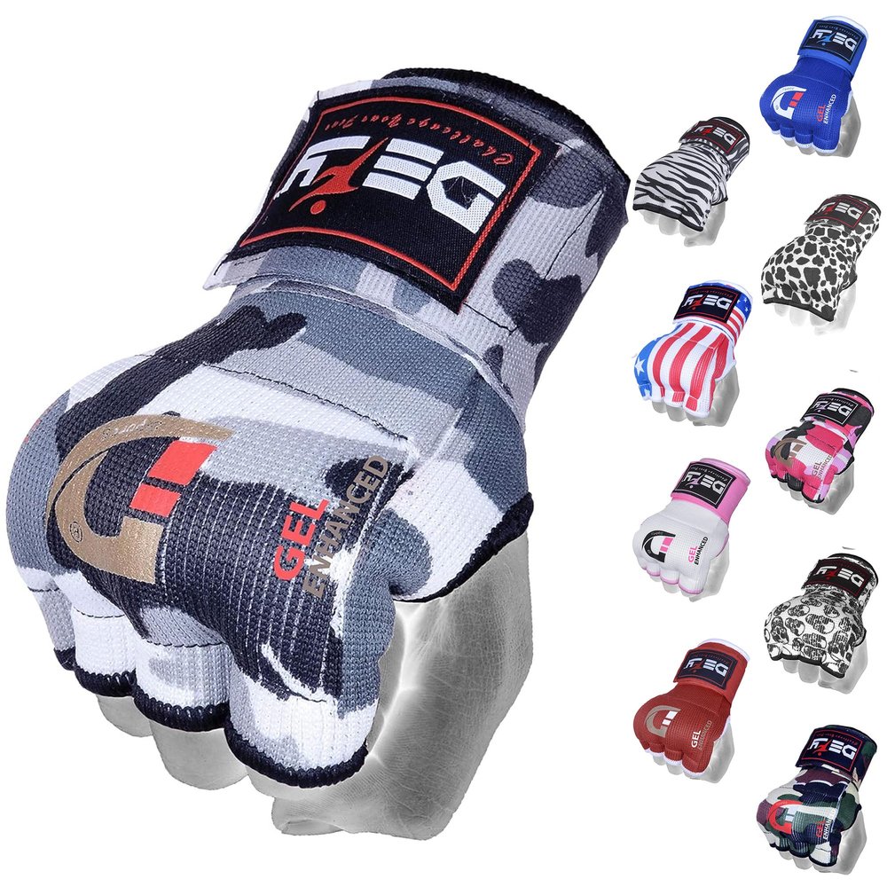 DEFY Padded Inner Gloves Quick 75cm Long Strap  Inner Boxing Gloves Gel Padded Knuckle Protection  Elasticated Boxing Hand Wraps for MMA Muay Thai Kickboxing Martial Arts Pair (White Camo, X-Large)