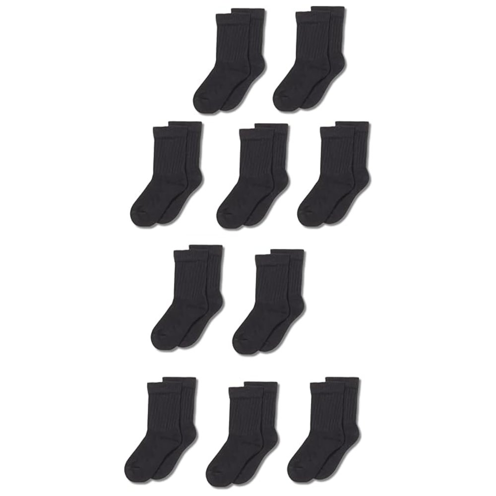 Amazon Essentials Unisex Kids' Cushioned Cotton Crew Socks, 10 Pairs, Black, 2-3T