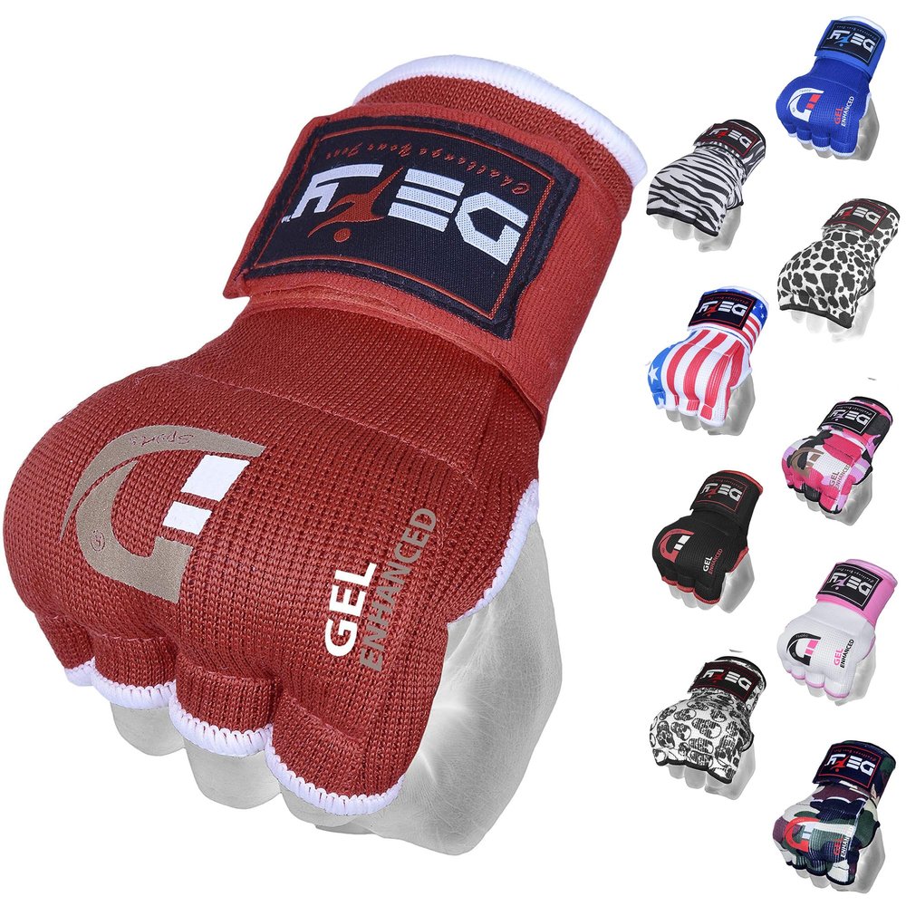 DEFY Padded Inner Gloves Quick 75cm Long Strap Inner Boxing Gloves Gel Padded Knuckle Protection Elasticated Boxing Hand Wraps for MMA Muay Thai Kickboxing Martial Arts Pair (Red, X-Large)